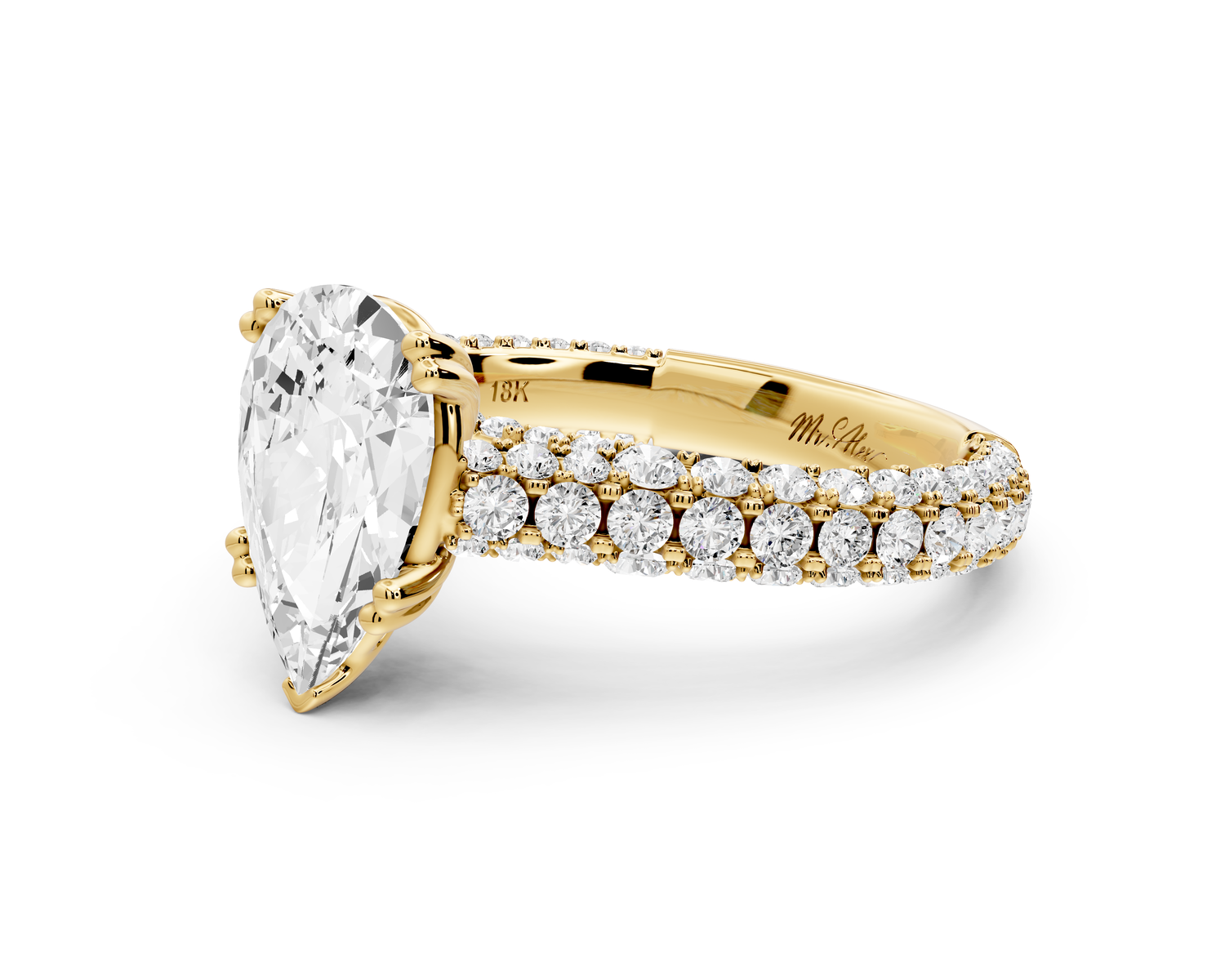 Clarissa - 2ct 14k yellow gold pear Diamond double talon prongs with a diamond bridge rollover pave cathedral engagment ring