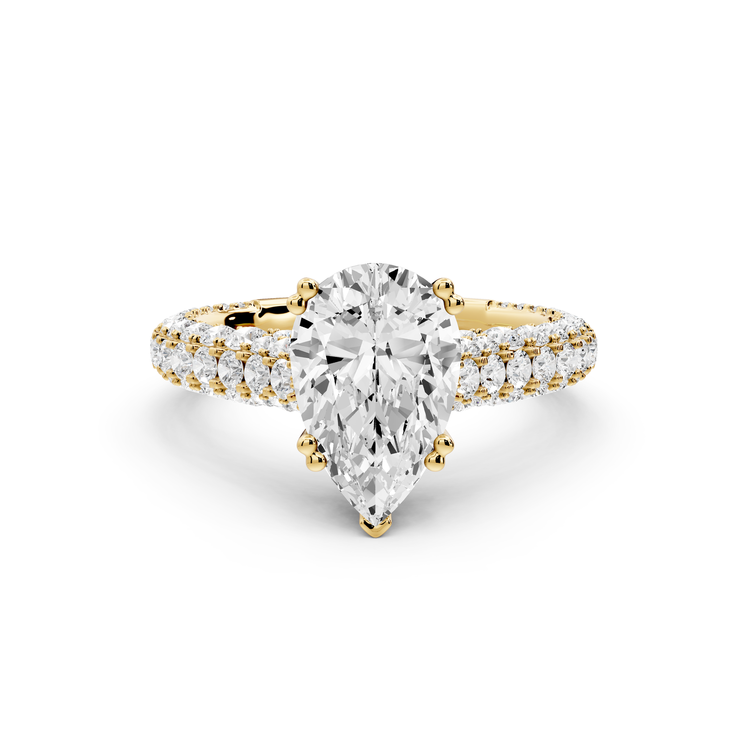 Clarissa - 2ct 14k yellow gold pear Diamond double talon prongs with a diamond bridge rollover pave cathedral engagment ring