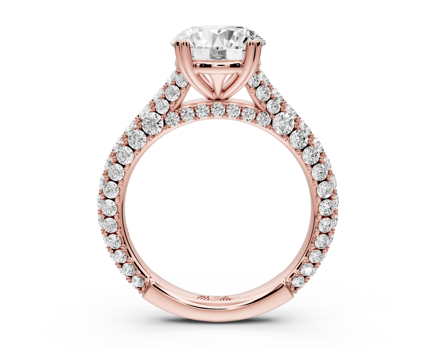 Clarissa - 2ct 14k rose gold round Diamond double talon prongs with a diamond bridge rollover pave cathedral engagment ring