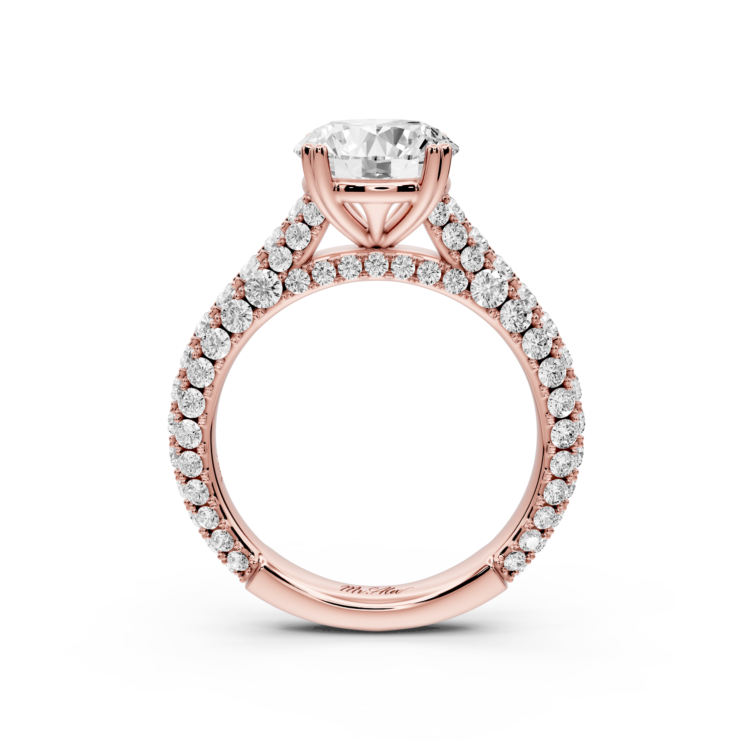 Clarissa - 2ct 14k rose gold round Diamond double talon prongs with a diamond bridge rollover pave cathedral engagment ring