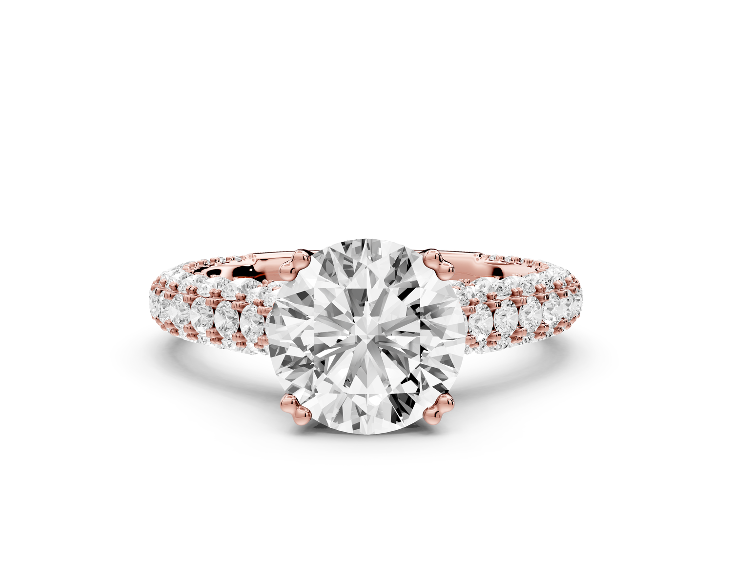 Clarissa - 2ct 14k rose gold round Diamond double talon prongs with a diamond bridge rollover pave cathedral engagment ring