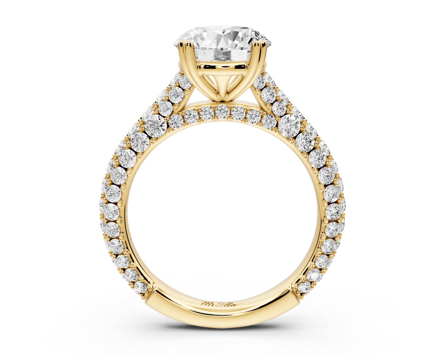 Clarissa - 2ct 14k yellow gold round Diamond double talon prongs with a diamond bridge rollover pave cathedral engagment ring