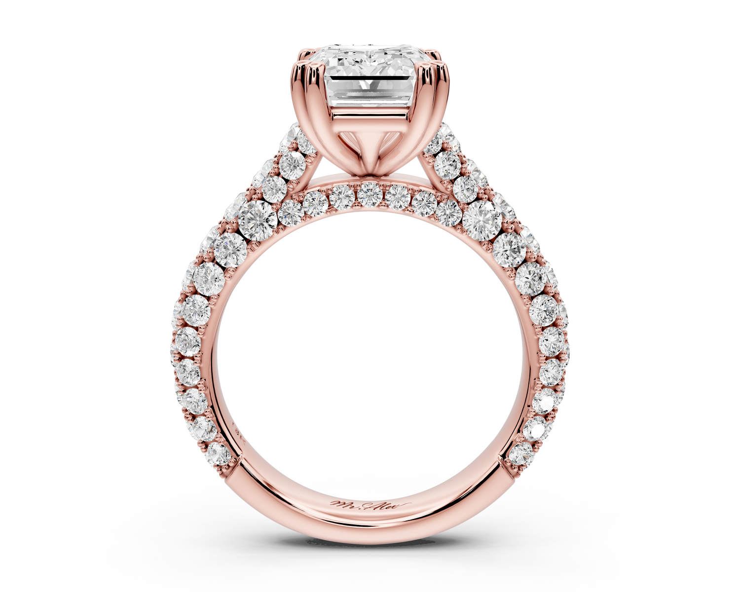 Clarissa - 3ct 14k rose gold emerald Diamond double talon prongs with a diamond bridge rollover pave cathedral engagment ring