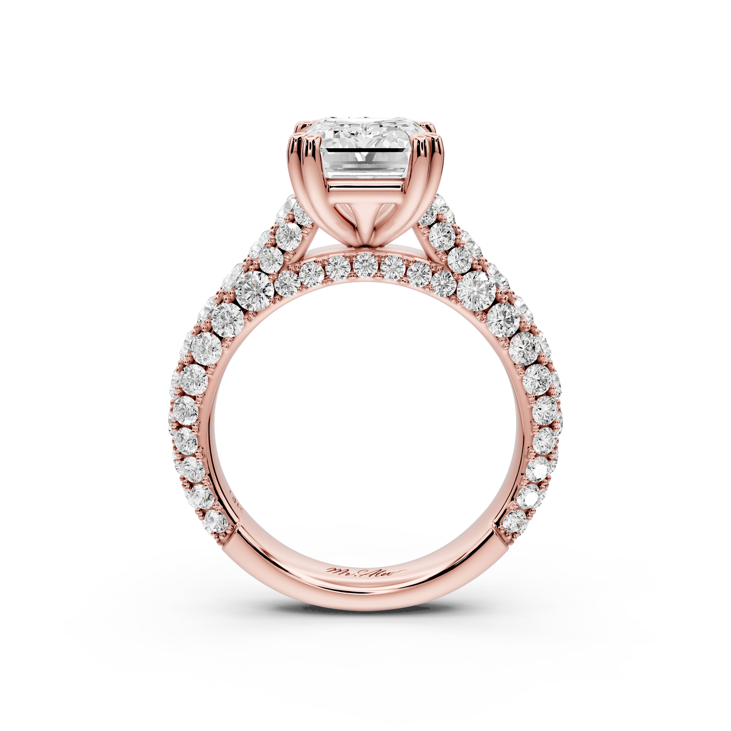 Clarissa - 3ct 14k rose gold emerald Diamond double talon prongs with a diamond bridge rollover pave cathedral engagment ring