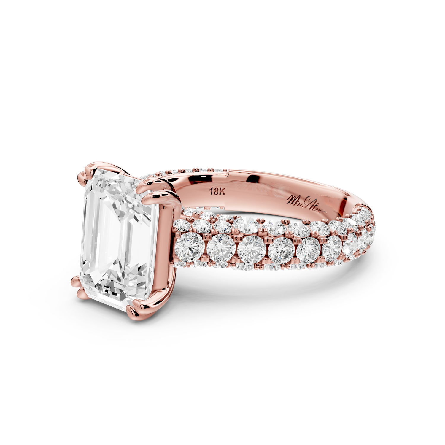 Clarissa - 3ct 14k rose gold emerald Diamond double talon prongs with a diamond bridge rollover pave cathedral engagment ring