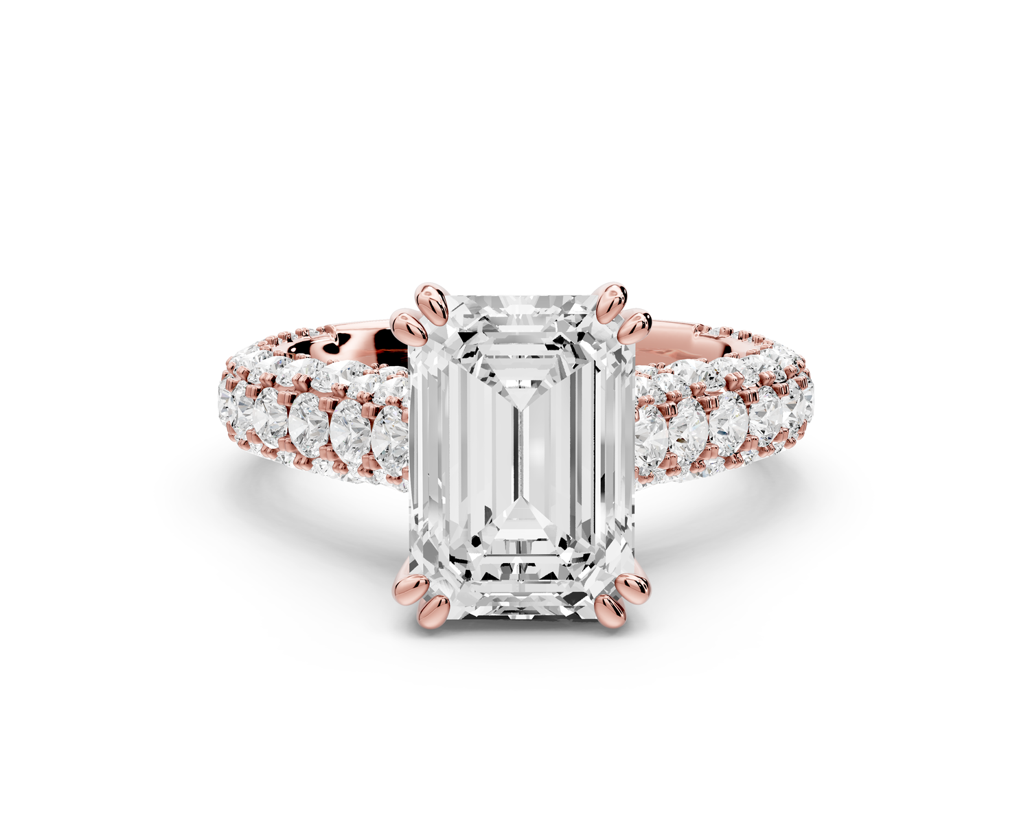 Clarissa - 3ct 14k rose gold emerald Diamond double talon prongs with a diamond bridge rollover pave cathedral engagment ring