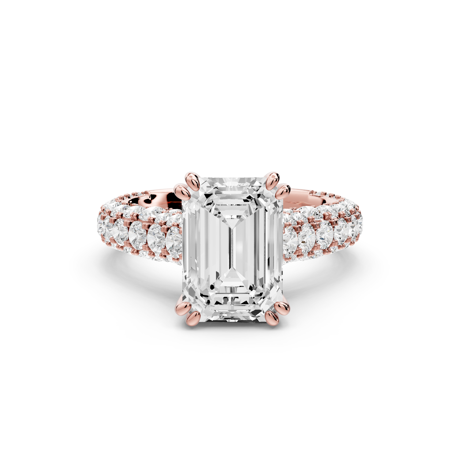 Clarissa - 3ct 14k rose gold emerald Diamond double talon prongs with a diamond bridge rollover pave cathedral engagment ring