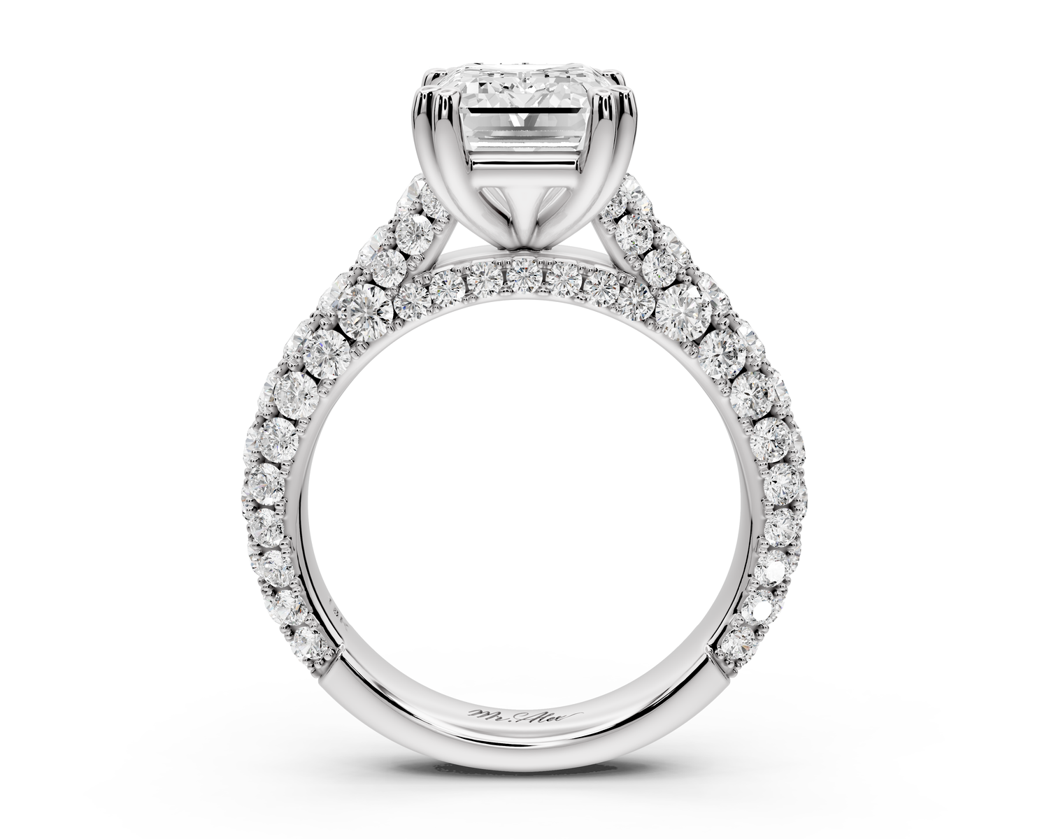 Clarissa - 3ct 14k white gold emerald Diamond double talon prongs with a diamond bridge rollover pave cathedral engagment ring