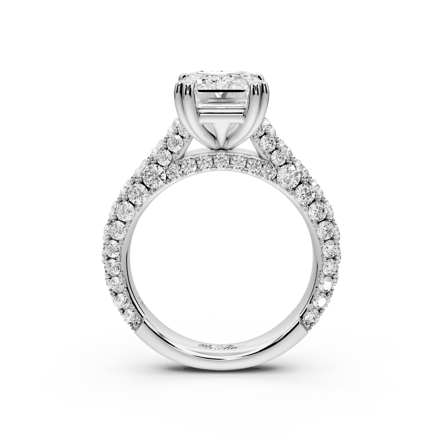Clarissa - 3ct 14k white gold emerald Diamond double talon prongs with a diamond bridge rollover pave cathedral engagment ring