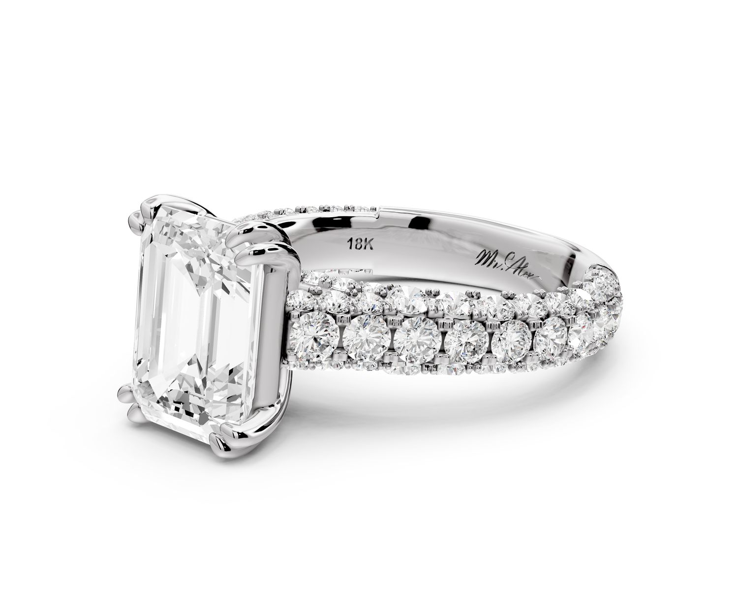 Clarissa - 3ct 14k white gold emerald Diamond double talon prongs with a diamond bridge rollover pave cathedral engagment ring