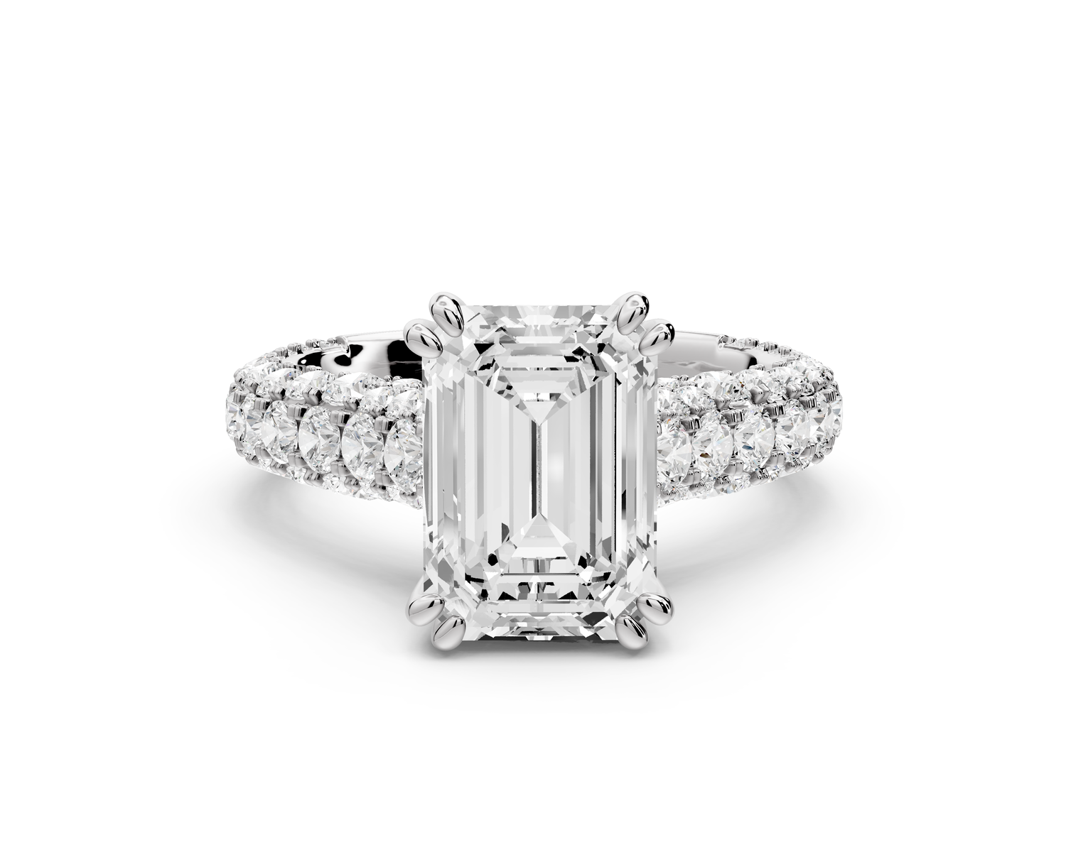 Clarissa - 3ct 14k white gold emerald Diamond double talon prongs with a diamond bridge rollover pave cathedral engagment ring