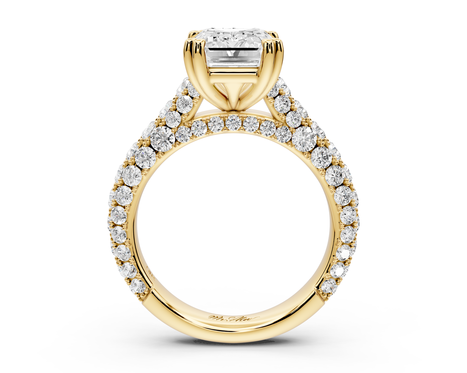 Clarissa - 3ct 14k yellow gold emerald Diamond double talon prongs with a diamond bridge rollover pave cathedral engagment ring