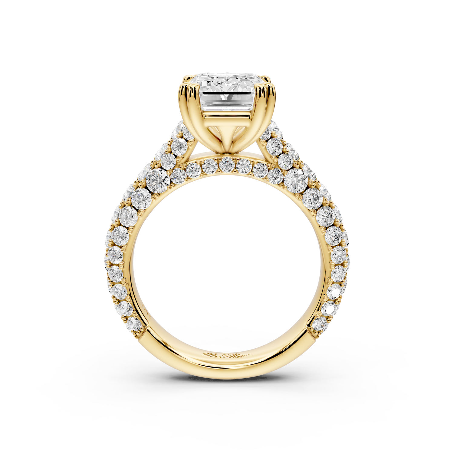 Clarissa - 3ct 14k yellow gold emerald Diamond double talon prongs with a diamond bridge rollover pave cathedral engagment ring