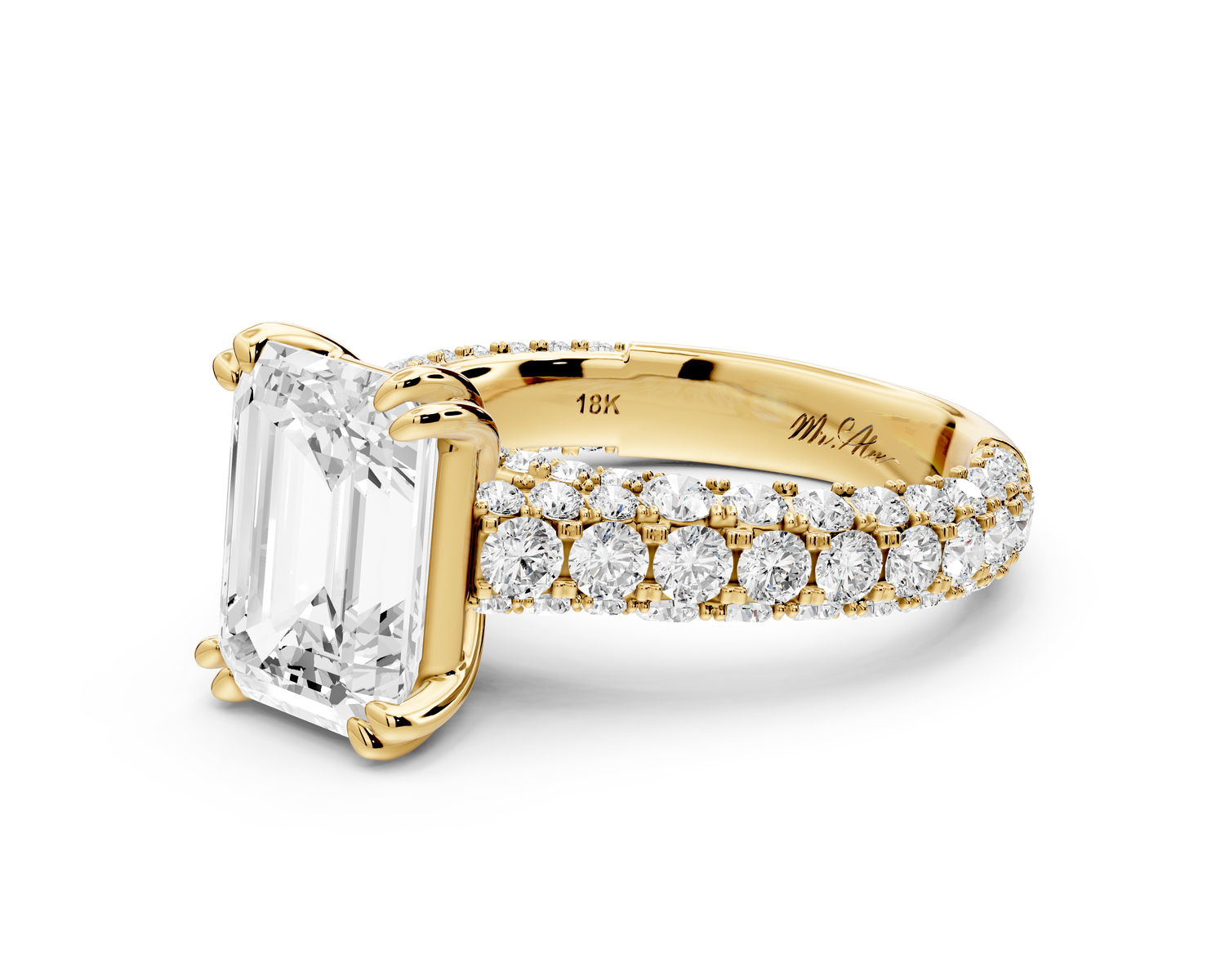 Clarissa - 3ct 14k yellow gold emerald Diamond double talon prongs with a diamond bridge rollover pave cathedral engagment ring