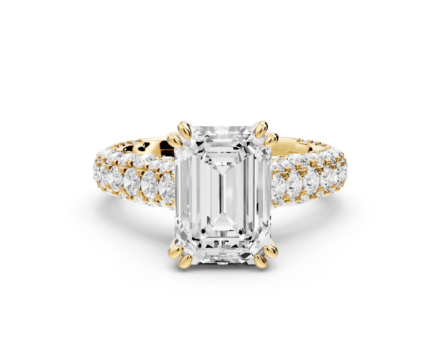 Clarissa - 3ct 14k yellow gold emerald Diamond double talon prongs with a diamond bridge rollover pave cathedral engagment ring