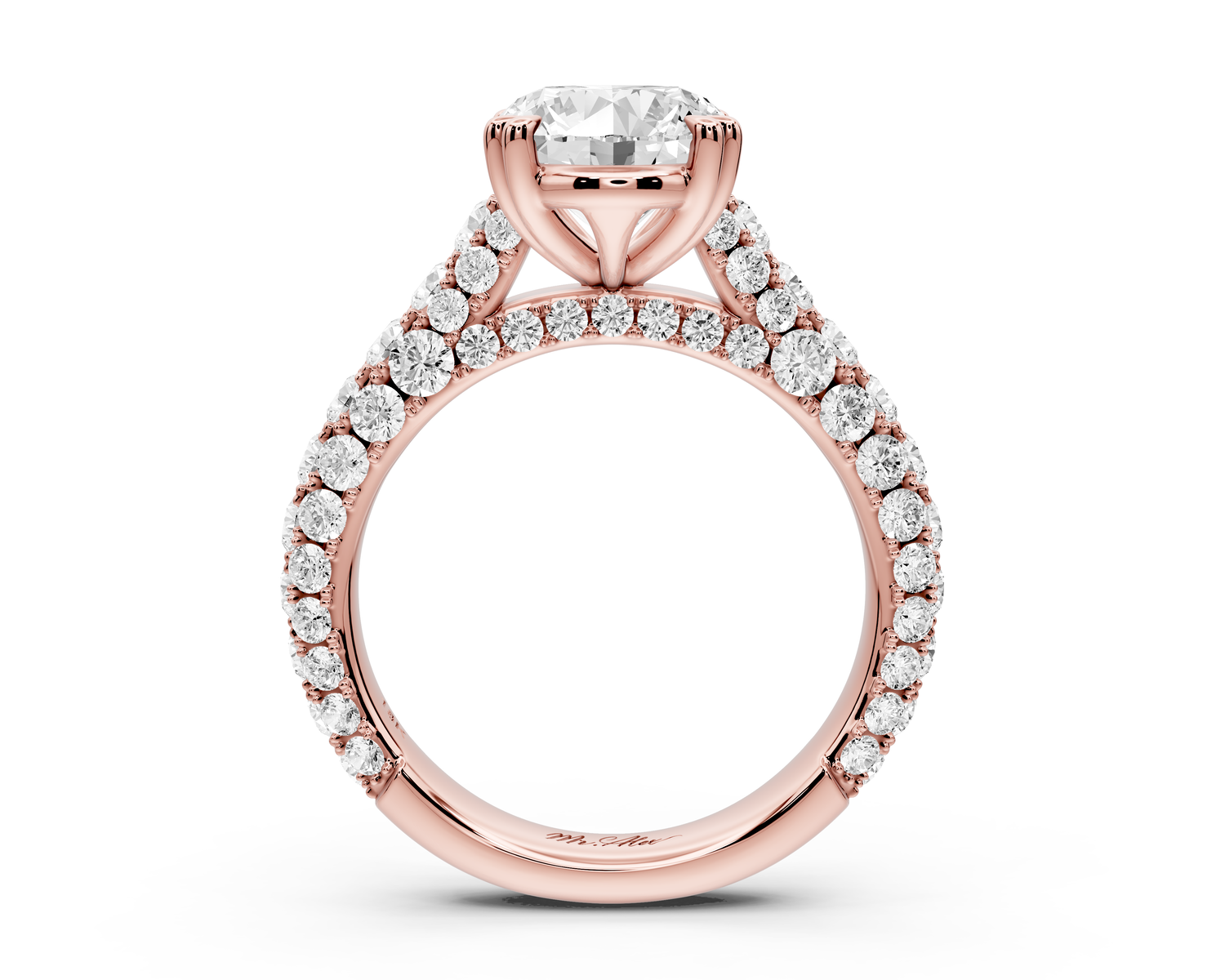 Clarissa - 3ct 14k rose gold oval Diamond double talon prongs with a diamond bridge rollover pave cathedral engagment ring