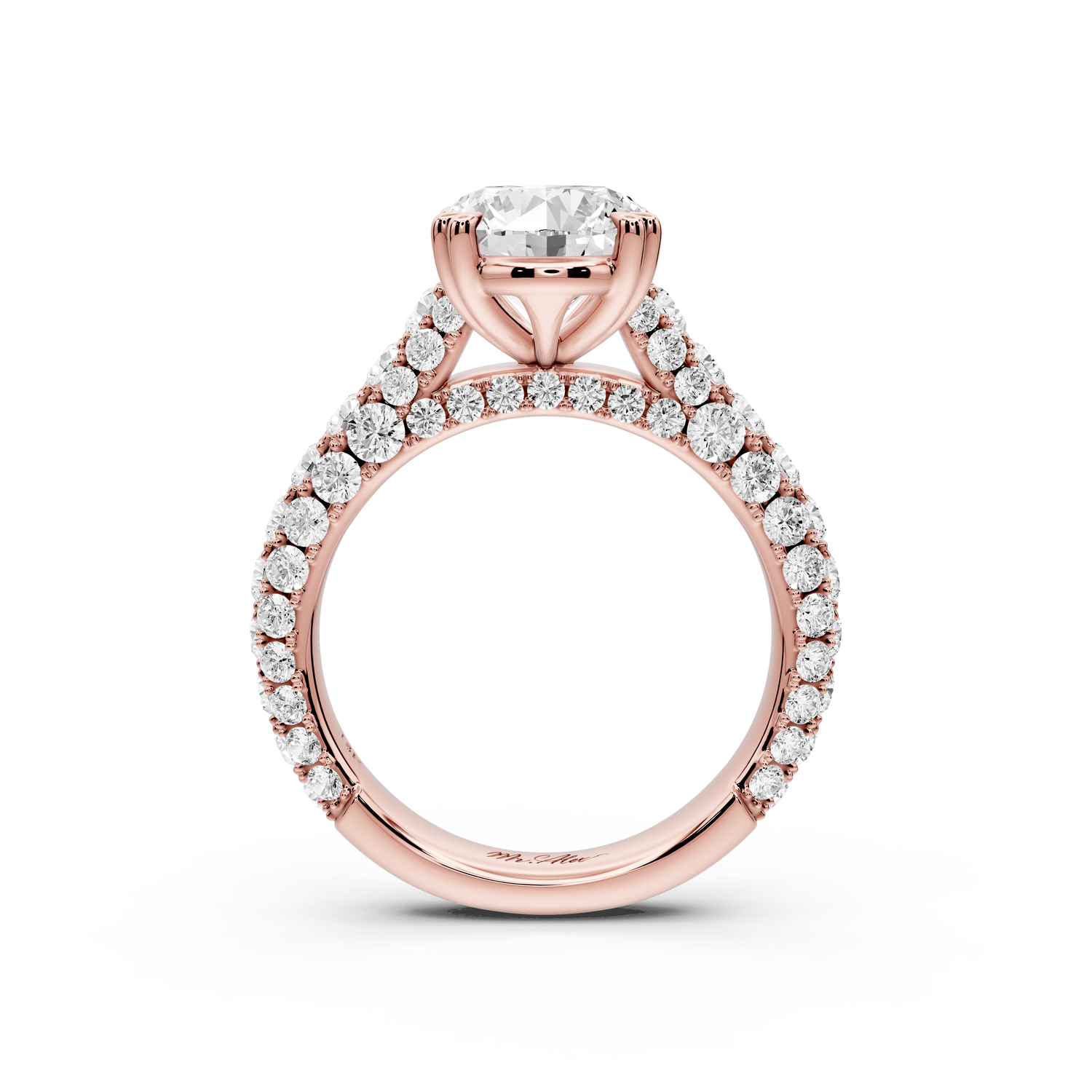 Clarissa - 3ct 14k rose gold oval Diamond double talon prongs with a diamond bridge rollover pave cathedral engagment ring