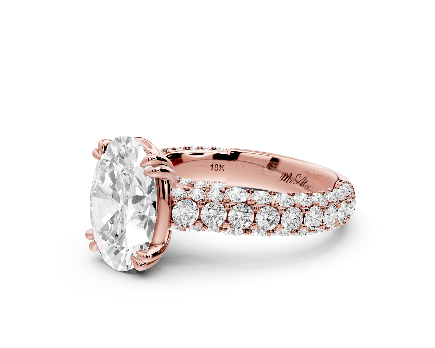 Clarissa - 3ct 14k rose gold oval Diamond double talon prongs with a diamond bridge rollover pave cathedral engagment ring