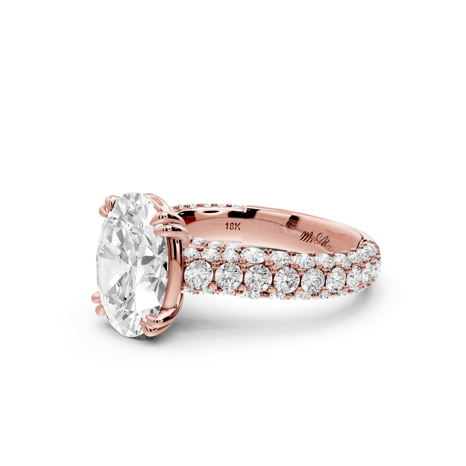 Clarissa - 3ct 14k rose gold oval Diamond double talon prongs with a diamond bridge rollover pave cathedral engagment ring