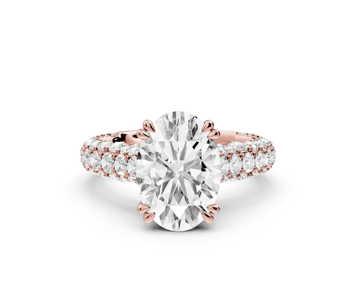 Clarissa - 3ct 14k rose gold oval Diamond double talon prongs with a diamond bridge rollover pave cathedral engagment ring