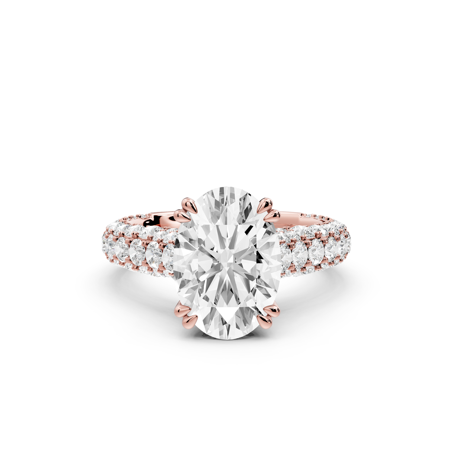 Clarissa - 3ct 14k rose gold oval Diamond double talon prongs with a diamond bridge rollover pave cathedral engagment ring
