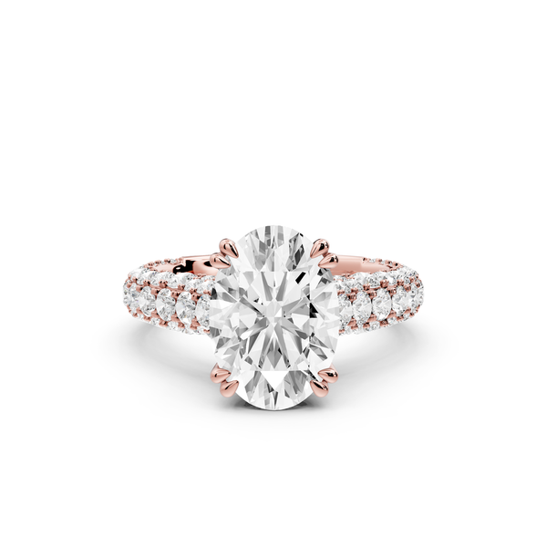 Clarissa - 3ct 14k rose gold oval Diamond double talon prongs with a diamond bridge rollover pave cathedral engagment ring