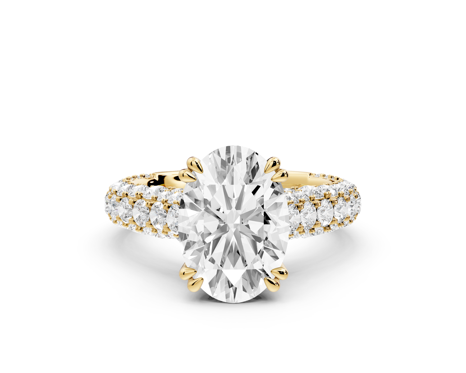 Clarissa - 3ct 14k yellow gold oval Diamond double talon prongs with a diamond bridge rollover pave cathedral engagment ring