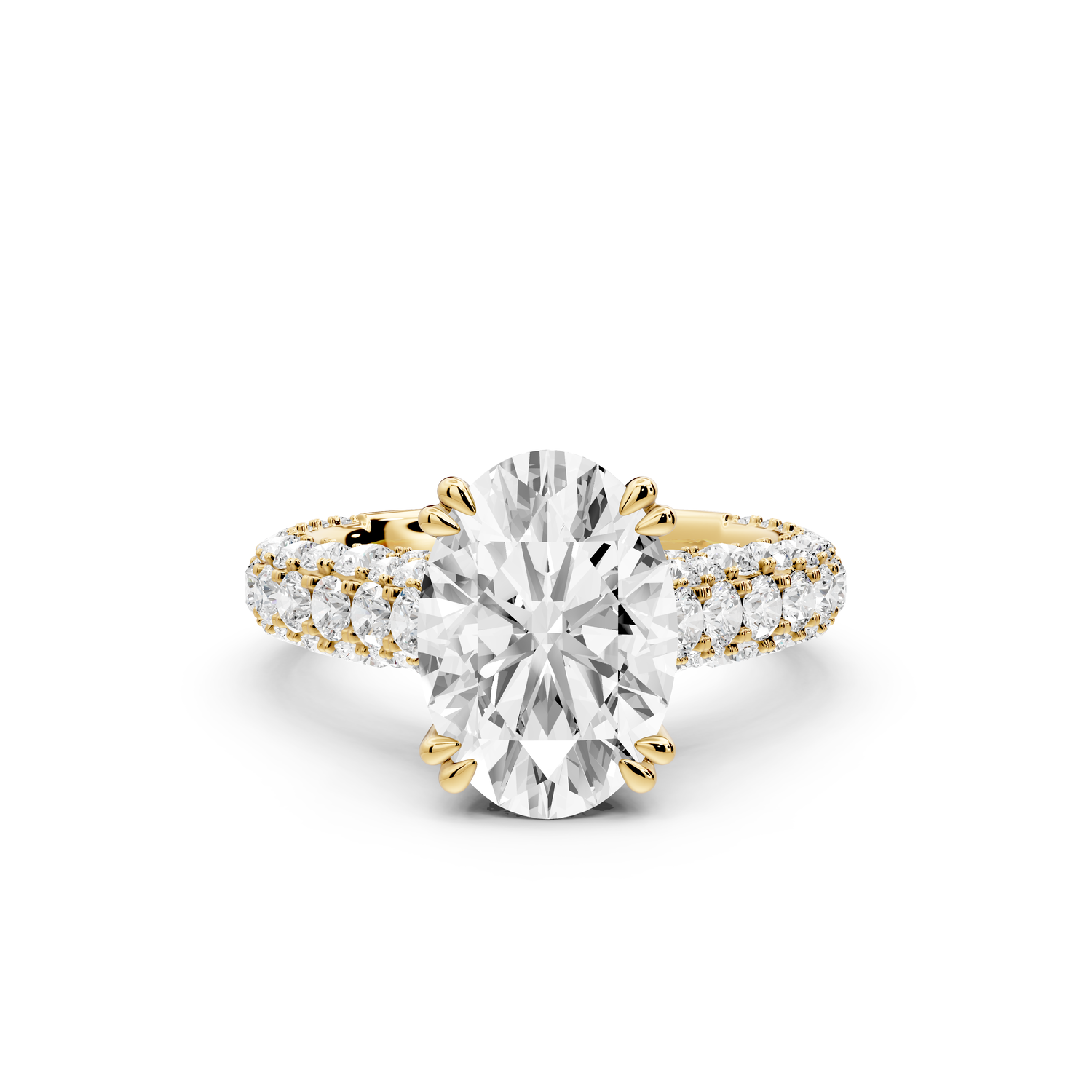 Clarissa - 3ct 14k yellow gold oval Diamond double talon prongs with a diamond bridge rollover pave cathedral engagment ring