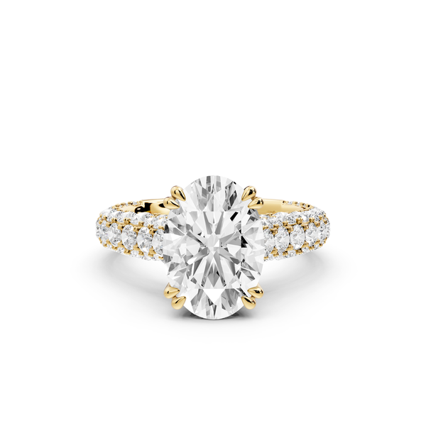Clarissa - 3ct 14k yellow gold oval Diamond double talon prongs with a diamond bridge rollover pave cathedral engagment ring