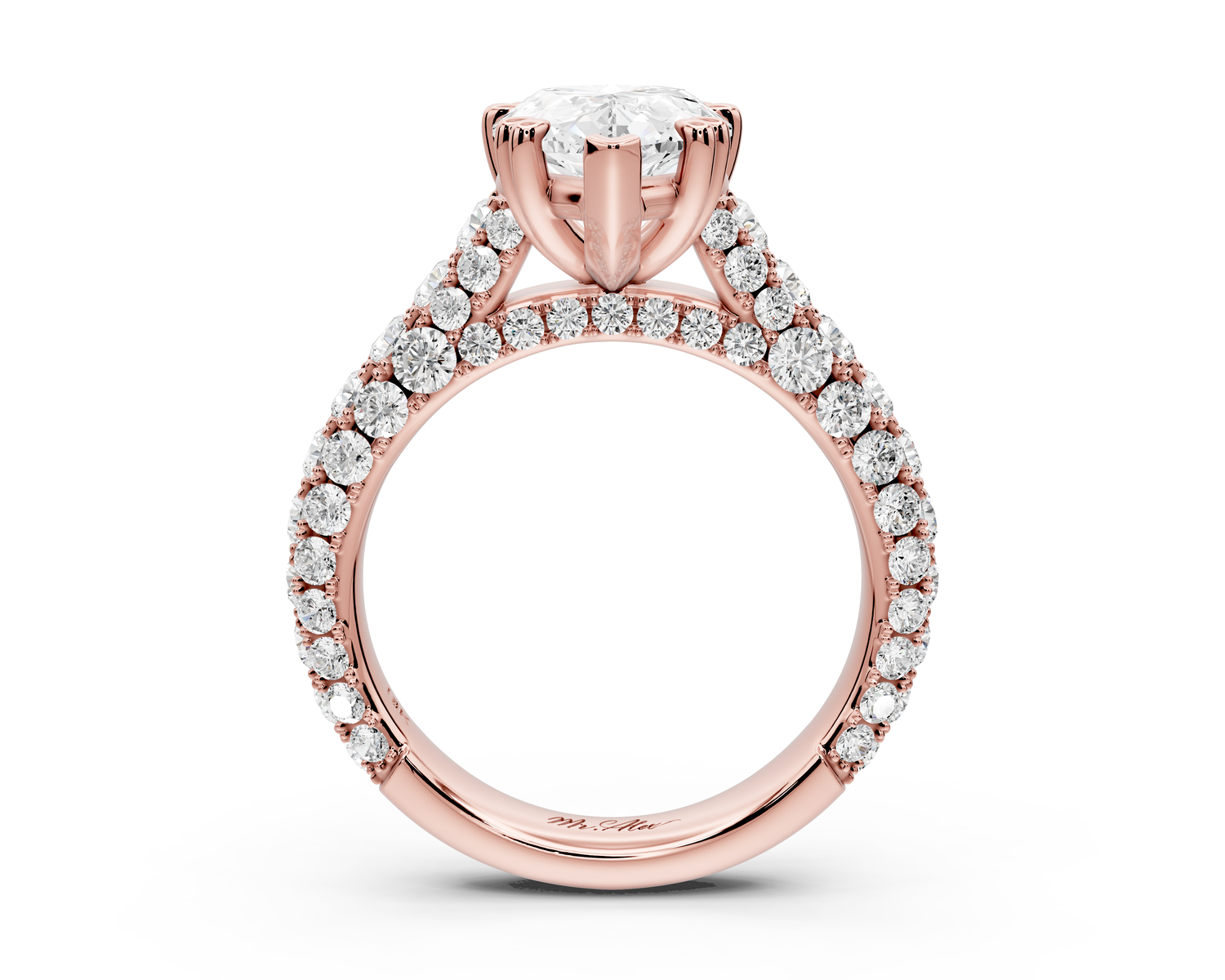 Clarissa - 3ct 14k rose gold pear Diamond double talon prongs with a diamond bridge rollover pave cathedral engagment ring