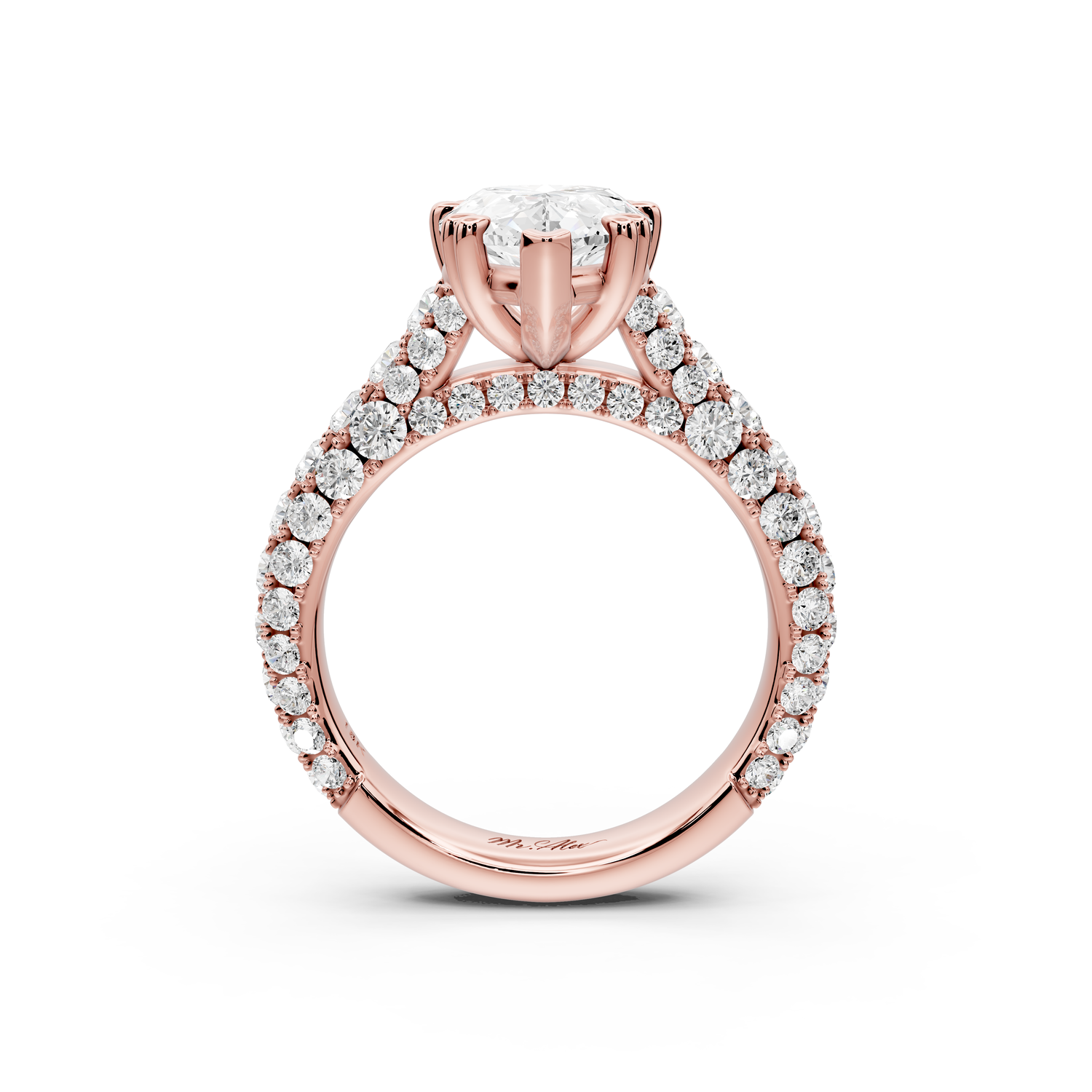 Clarissa - 3ct 14k rose gold pear Diamond double talon prongs with a diamond bridge rollover pave cathedral engagment ring