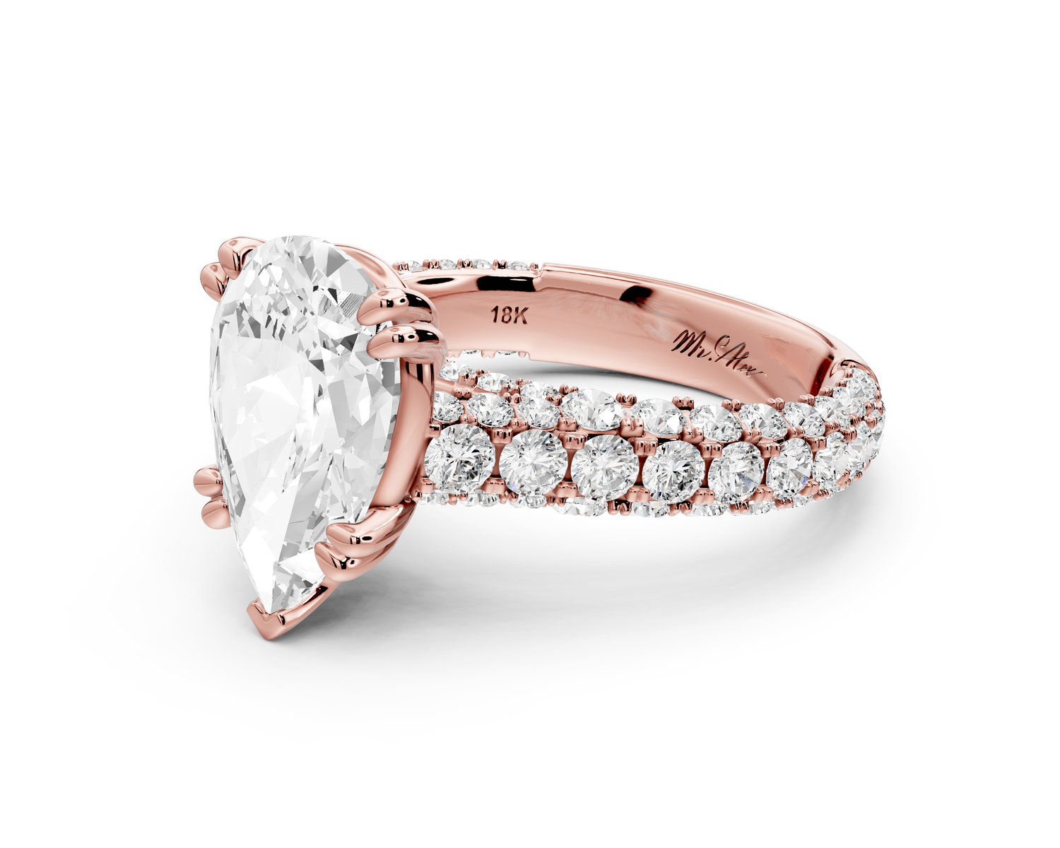 Clarissa - 3ct 18k rose gold pear Diamond double talon prongs with a diamond bridge rollover pave cathedral engagment ring
