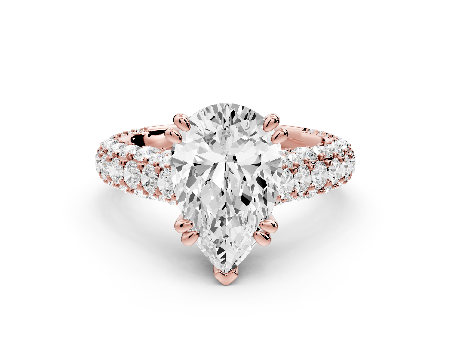 Clarissa - 3ct 14k rose gold pear Diamond double talon prongs with a diamond bridge rollover pave cathedral engagment ring
