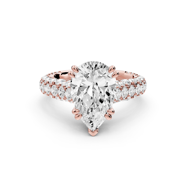 Clarissa - 3ct 14k rose gold pear Diamond double talon prongs with a diamond bridge rollover pave cathedral engagment ring