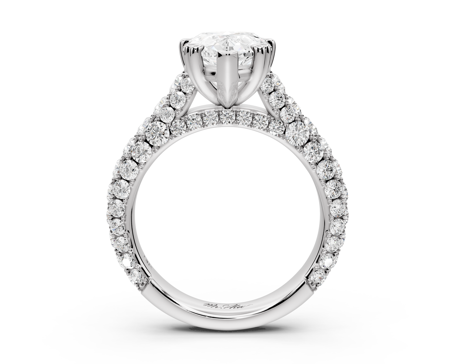 Clarissa - 3ct 14k white gold pear Diamond double talon prongs with a diamond bridge rollover pave cathedral engagment ring