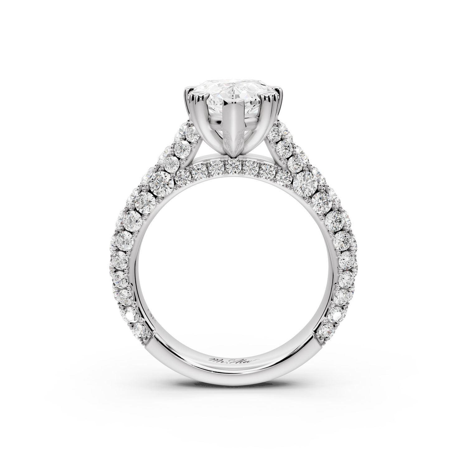 Clarissa - 3ct 14k white gold pear Diamond double talon prongs with a diamond bridge rollover pave cathedral engagment ring