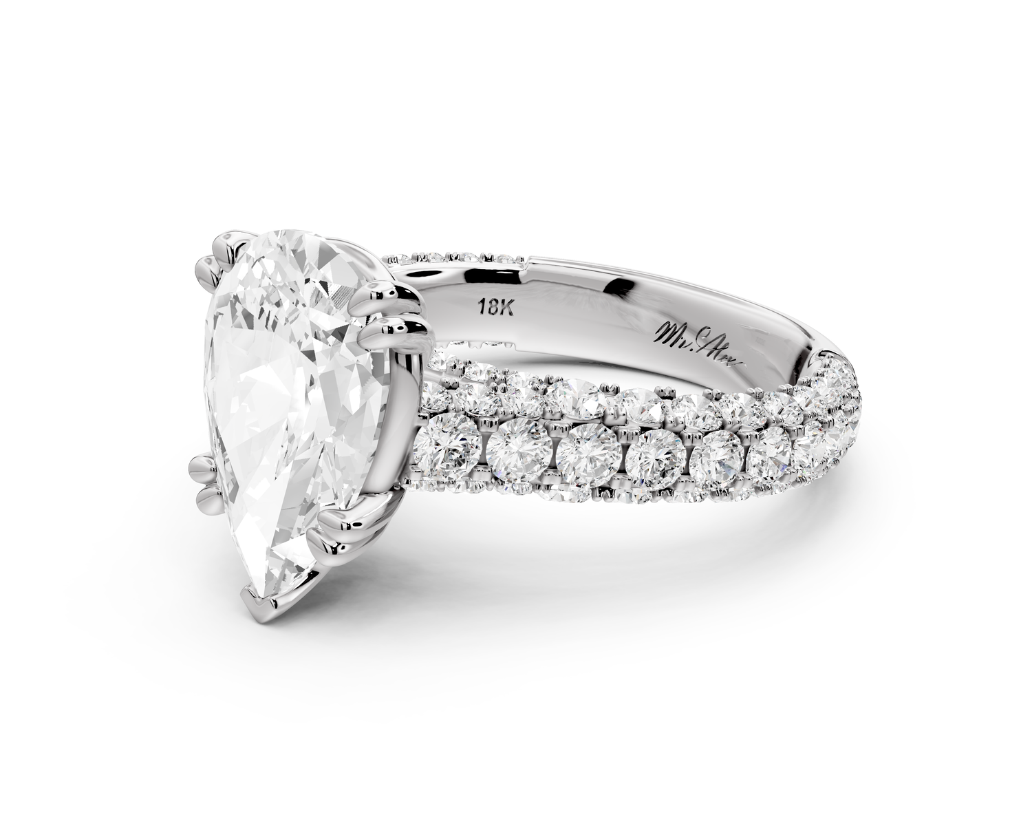 Clarissa - 3ct 18k white gold pear Diamond double talon prongs with a diamond bridge rollover pave cathedral engagment ring