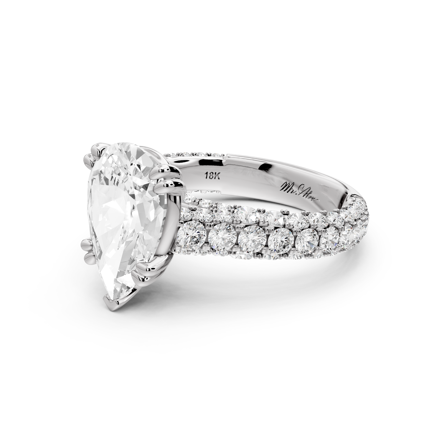 Clarissa - 3ct 18k white gold pear Diamond double talon prongs with a diamond bridge rollover pave cathedral engagment ring