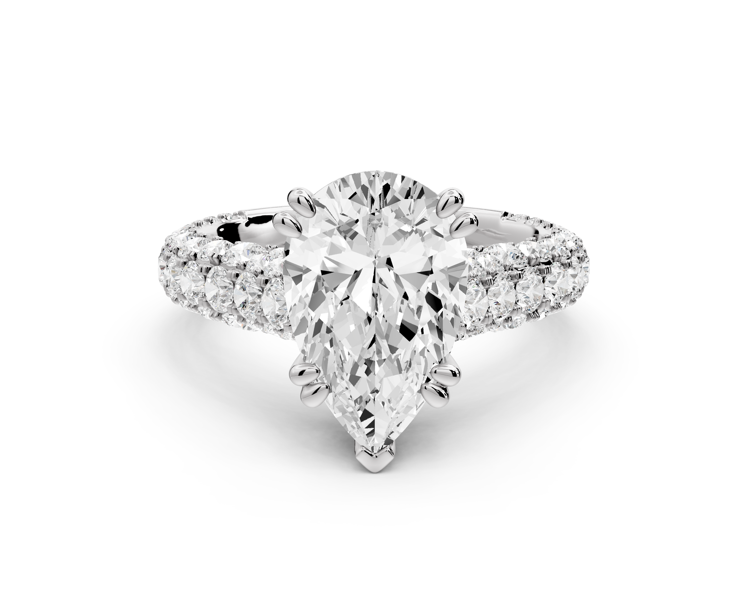 Clarissa - 3ct 14k white gold pear Diamond double talon prongs with a diamond bridge rollover pave cathedral engagment ring