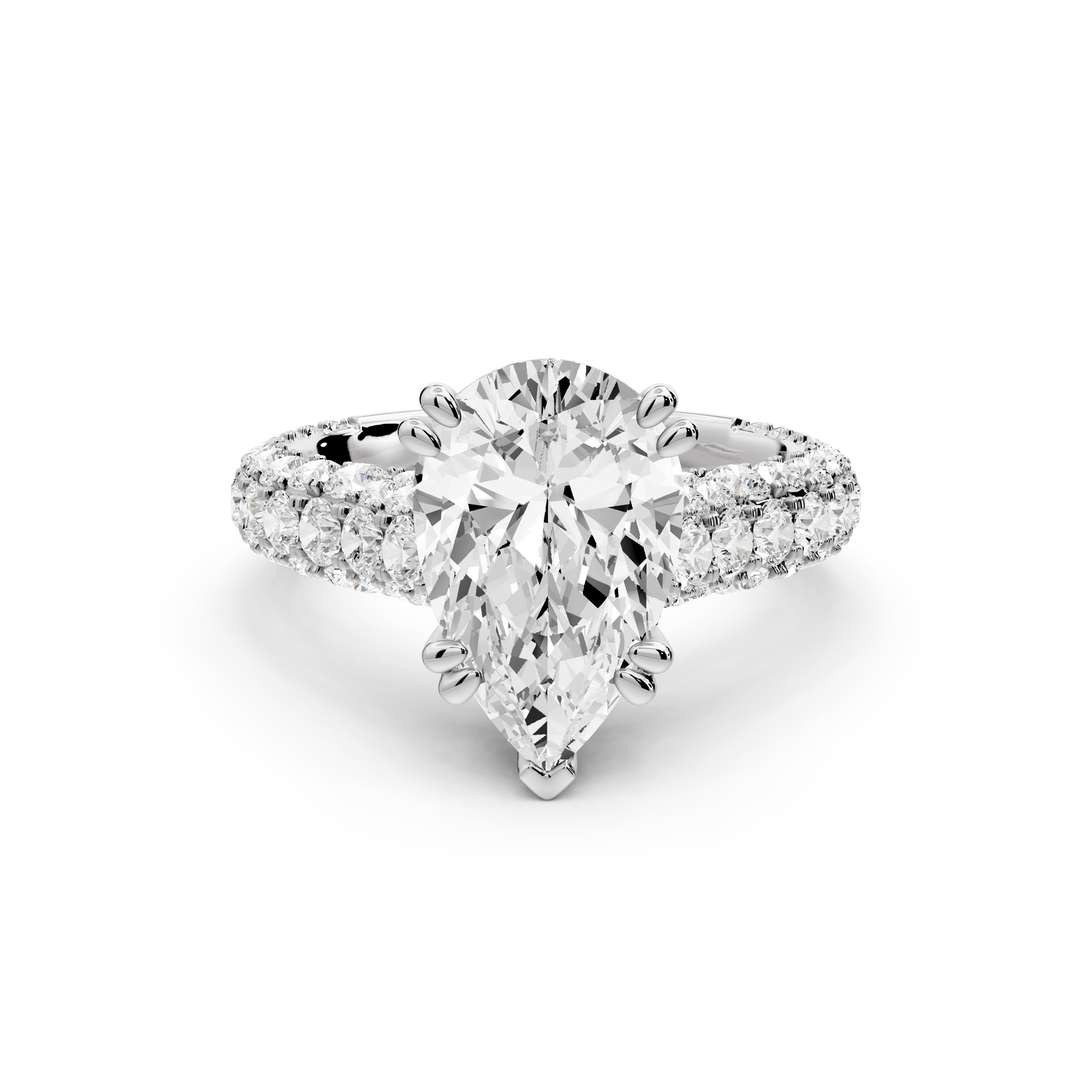 Clarissa - 3ct 14k white gold pear Diamond double talon prongs with a diamond bridge rollover pave cathedral engagment ring