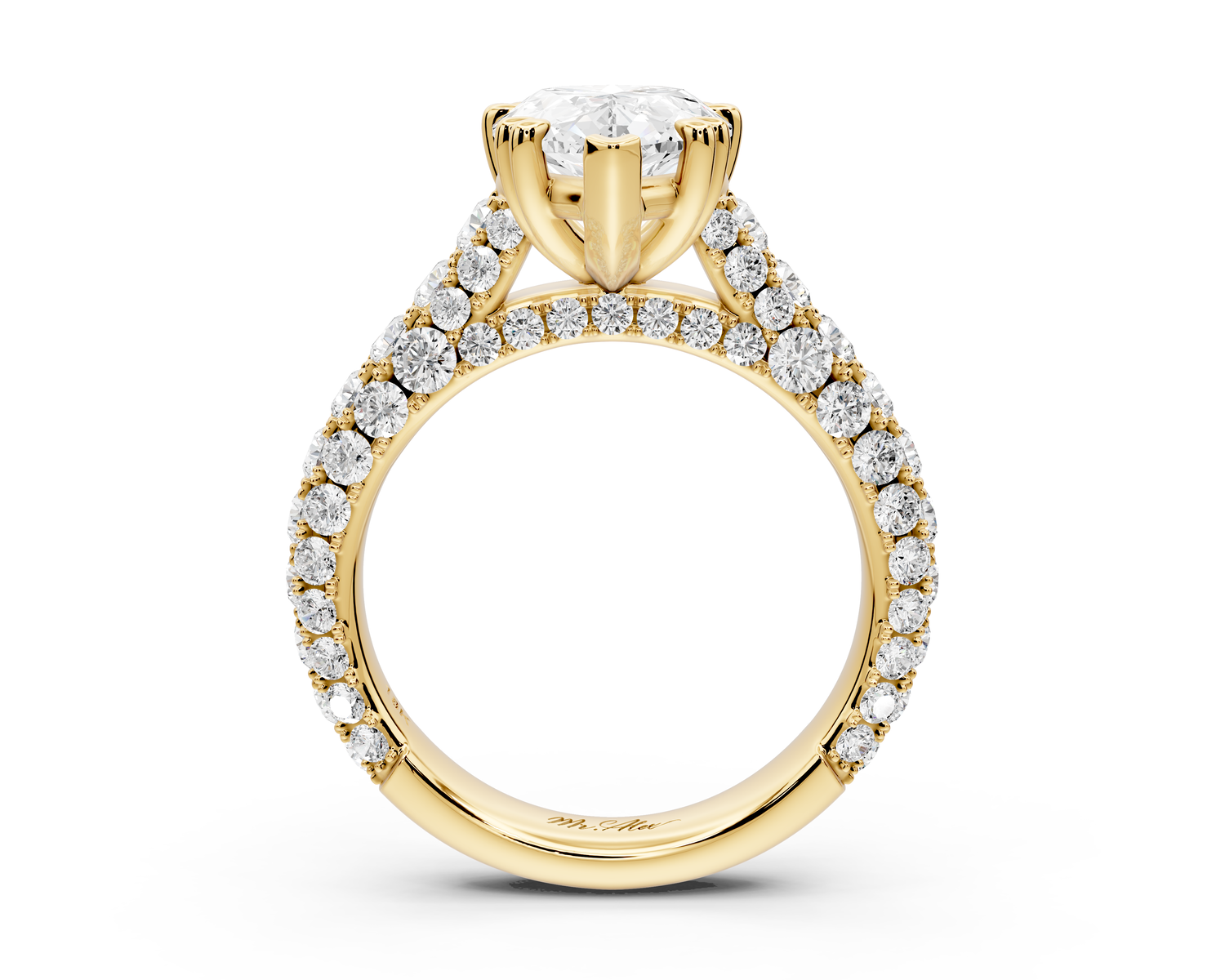 Clarissa - 3ct 14k yellow gold pear Diamond double talon prongs with a diamond bridge rollover pave cathedral engagment ring