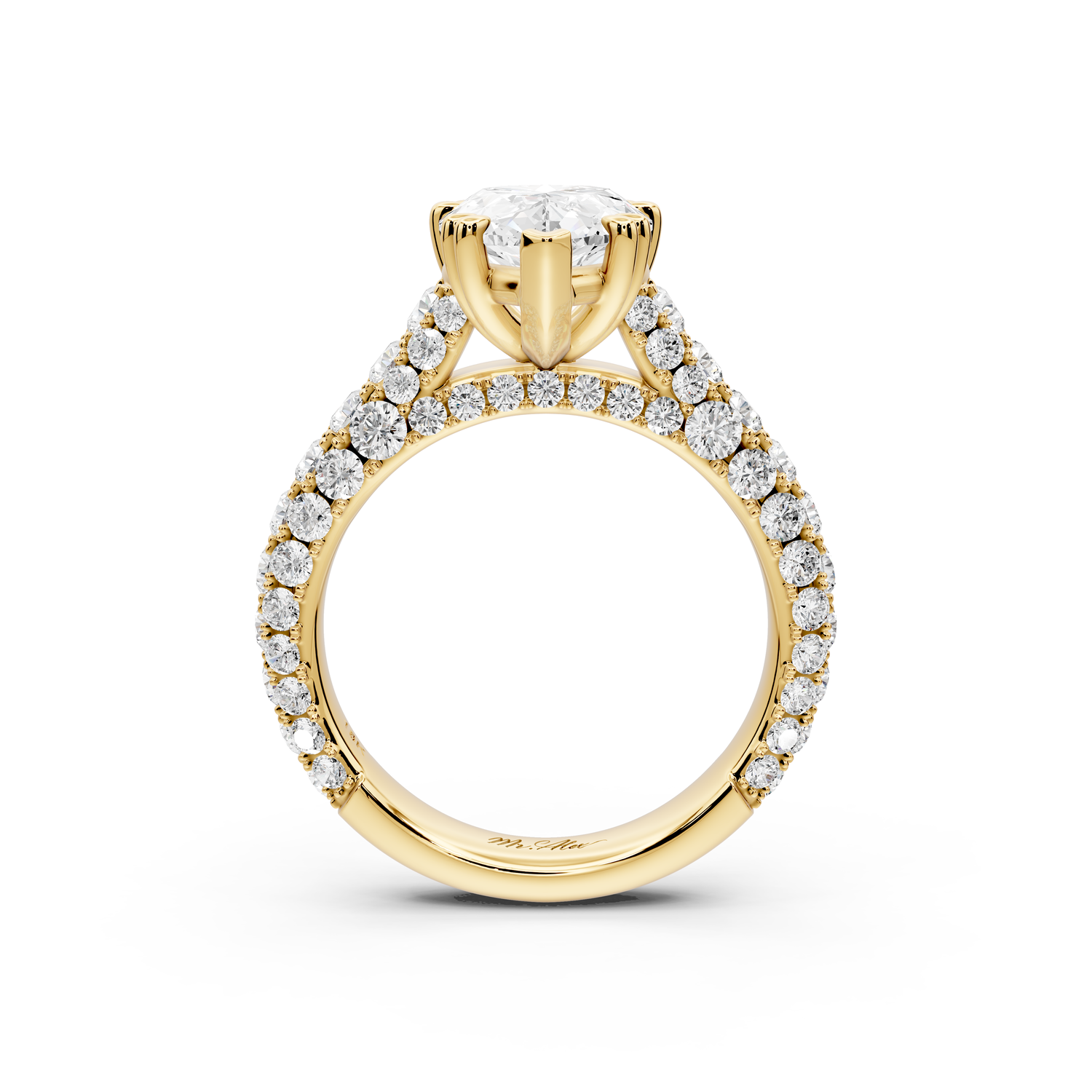 Clarissa - 3ct 14k yellow gold pear Diamond double talon prongs with a diamond bridge rollover pave cathedral engagment ring
