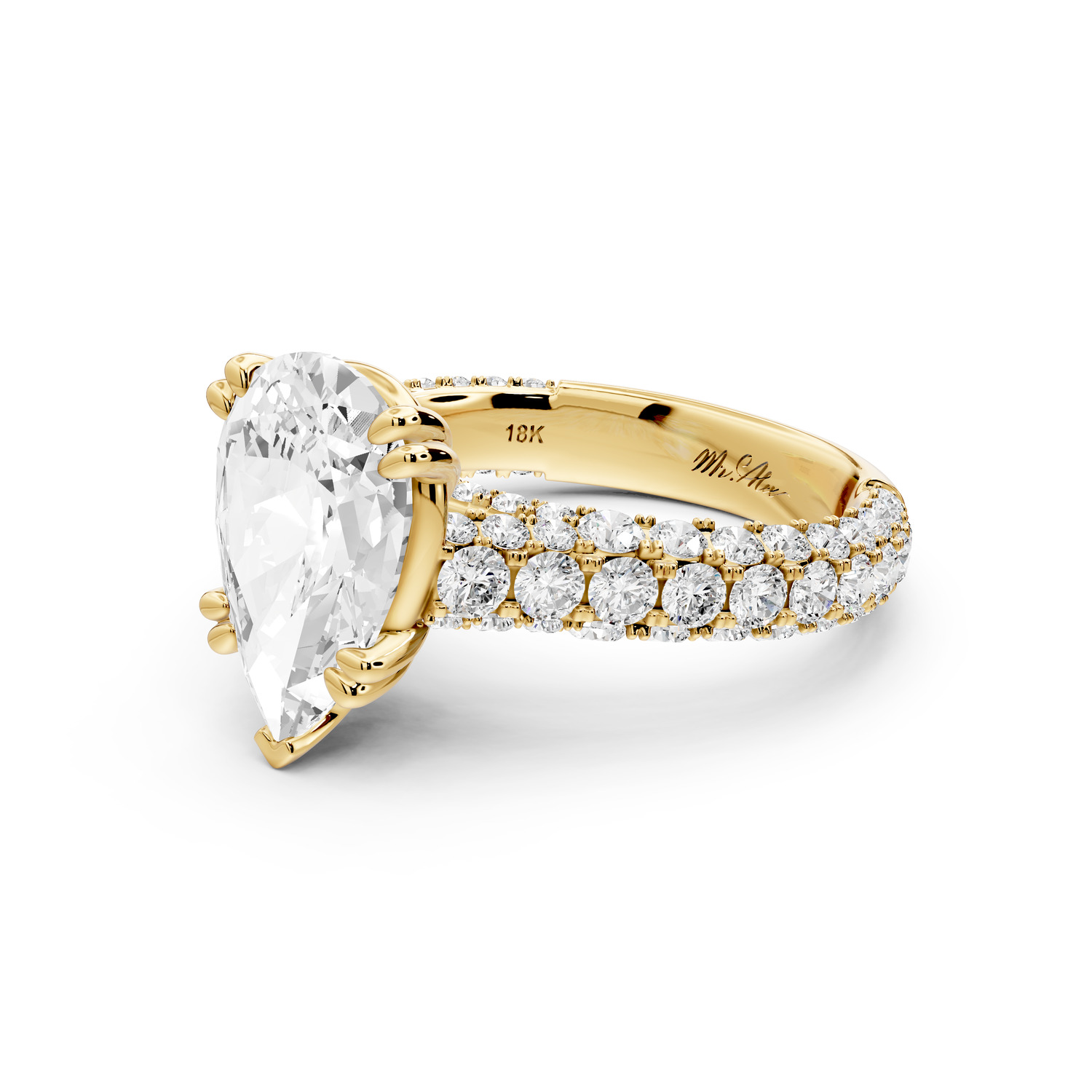 Clarissa - 3ct 14k yellow gold pear Diamond double talon prongs with a diamond bridge rollover pave cathedral engagment ring