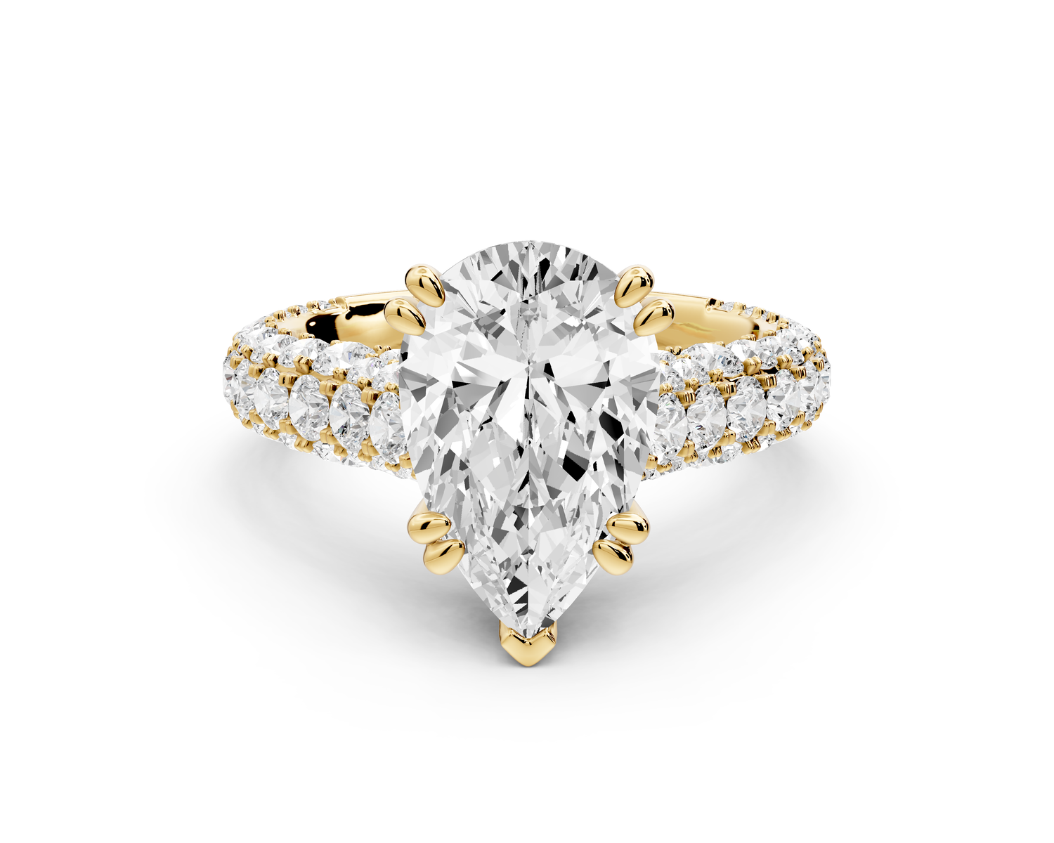 Clarissa - 3ct 18k yellow gold pear Diamond double talon prongs with a diamond bridge rollover pave cathedral engagment ring