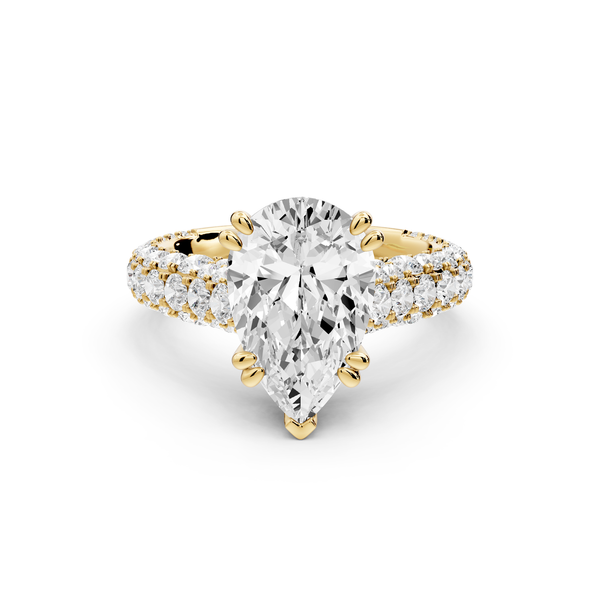 Clarissa - 3ct 18k yellow gold pear Diamond double talon prongs with a diamond bridge rollover pave cathedral engagment ring