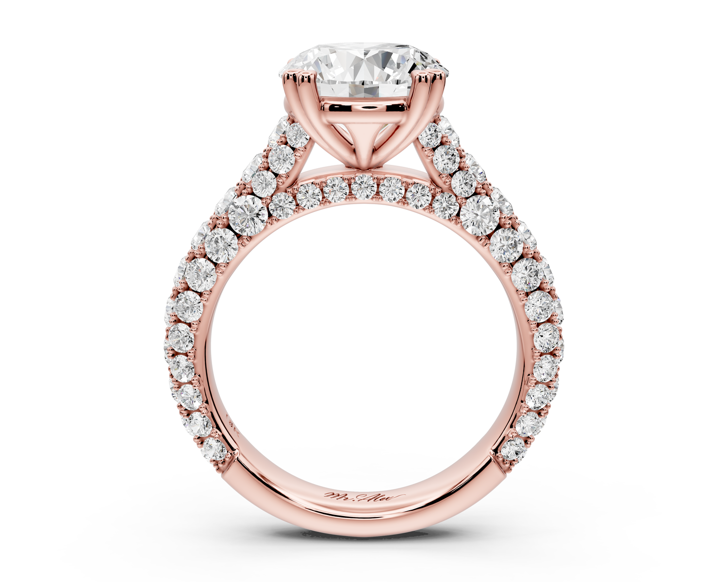 Clarissa - 3ct 14k rose gold round Diamond double talon prongs with a diamond bridge rollover pave cathedral engagment ring