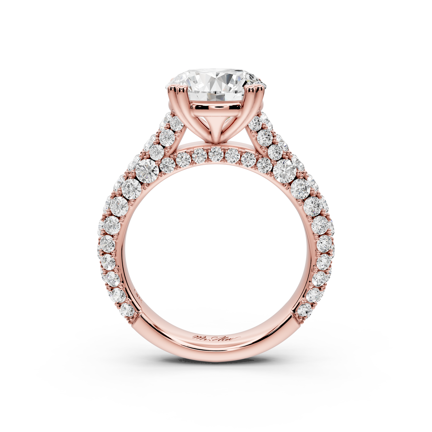 Clarissa - 3ct 14k rose gold round Diamond double talon prongs with a diamond bridge rollover pave cathedral engagment ring