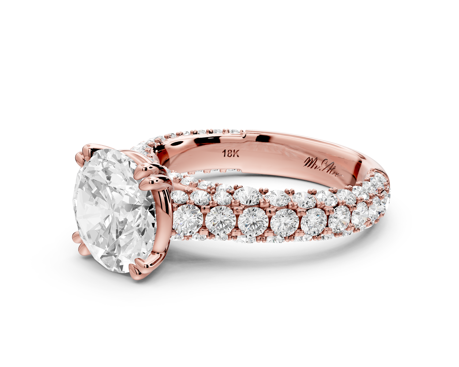Clarissa - 3ct 14k rose gold round Diamond double talon prongs with a diamond bridge rollover pave cathedral engagment ring