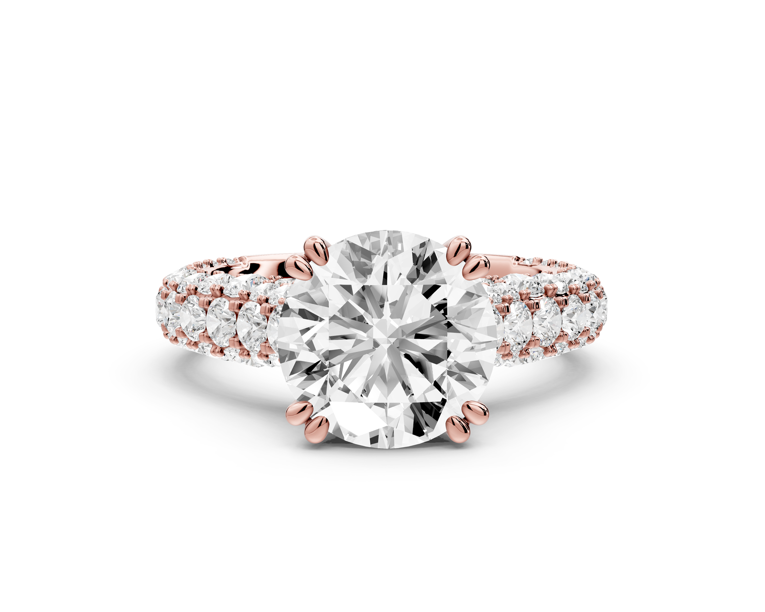 Clarissa - 3ct 14k rose gold round Diamond double talon prongs with a diamond bridge rollover pave cathedral engagment ring