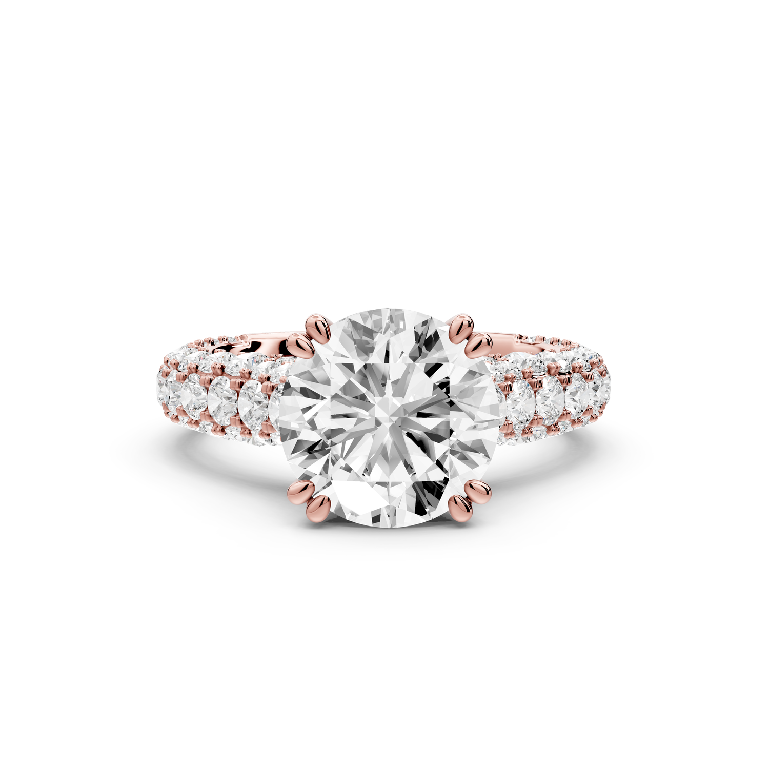 Clarissa - 3ct 14k rose gold round Diamond double talon prongs with a diamond bridge rollover pave cathedral engagment ring
